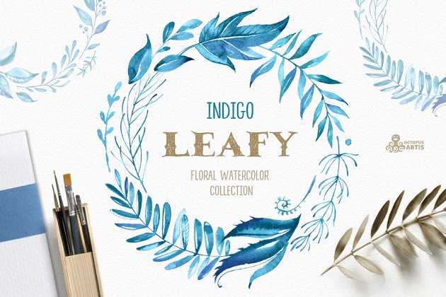 树叶水彩素材套装 Leafy Indigo. Watercolor Collection