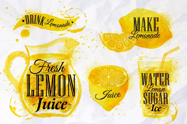 颜料绘制倒柠檬元素素材 Pointer drawn pour lemonade