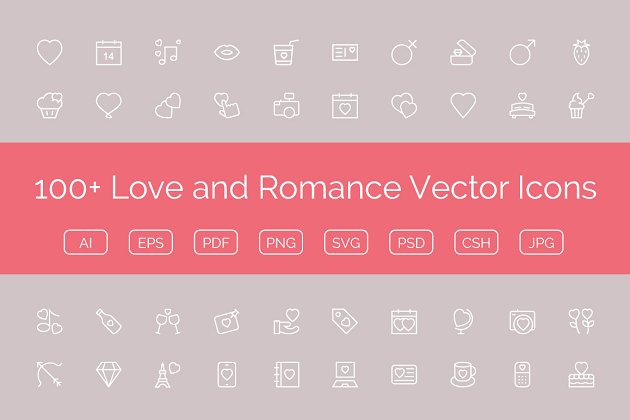 100个爱情和浪漫主题相关图标 100+ Love and Romance Vector Icons