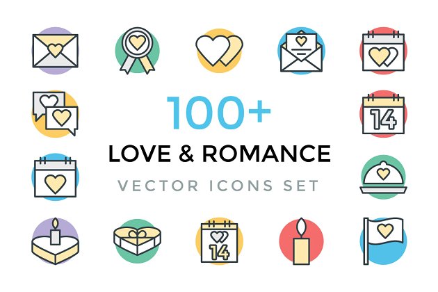 100个爱和浪漫相关的图标 100+ Love and Romance Vector Icons