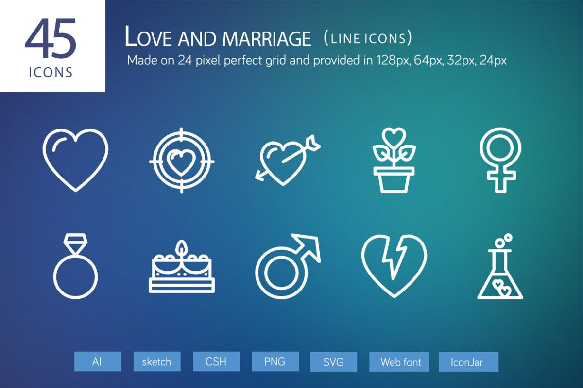 爱情婚姻图标素材 45 Love and Marriage Line Icons