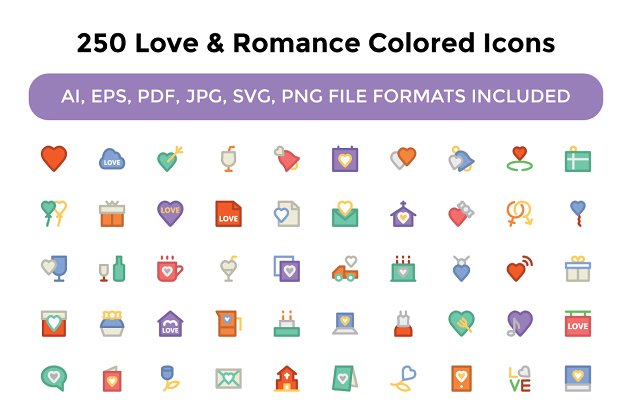 250爱情和浪漫彩色图标 250 Love and Romance Colored Icons