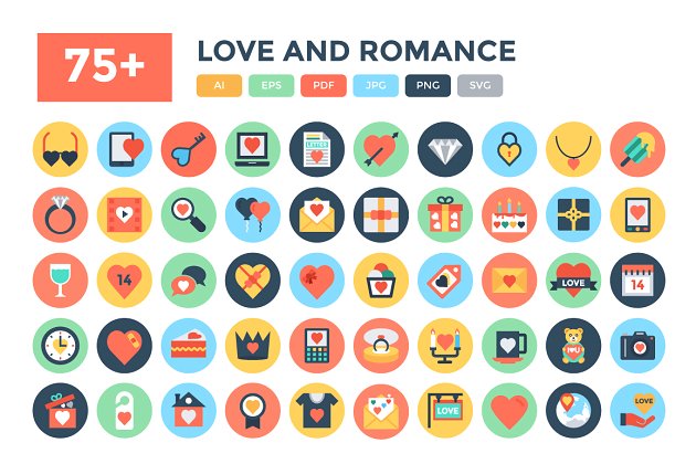 关于爱与浪漫的图标 75+ Flat Love and Romance Icons
