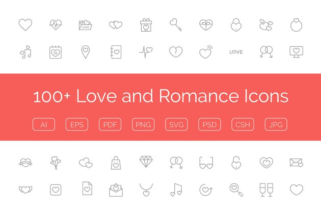 100+爱情和浪漫的矢量图标 100+ Love and Romance Vector Icons