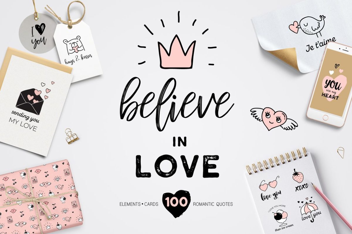 卡通情人节爱情卡片图形素材 Believe in Love – Valentines bundle