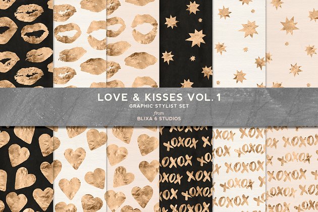 爱情金箔吻痕背景纹理素材 Love & Kisses Vol. 1: Rose Gold