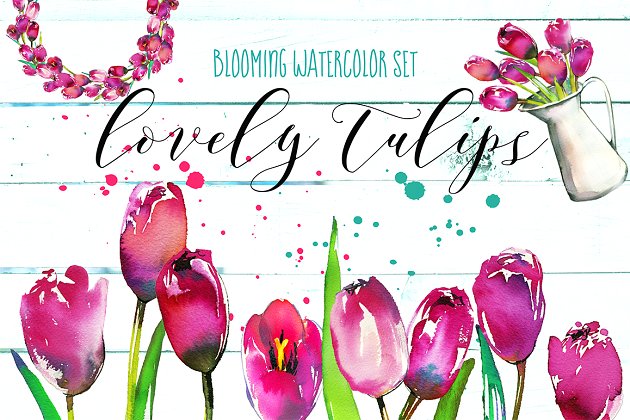 粉红色郁金香水彩花集 Pink Tulips Watercolor Floral Set