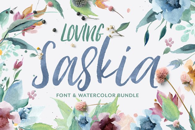 水彩手绘手写字体 Loving Saskia Font & Graphics Bundle