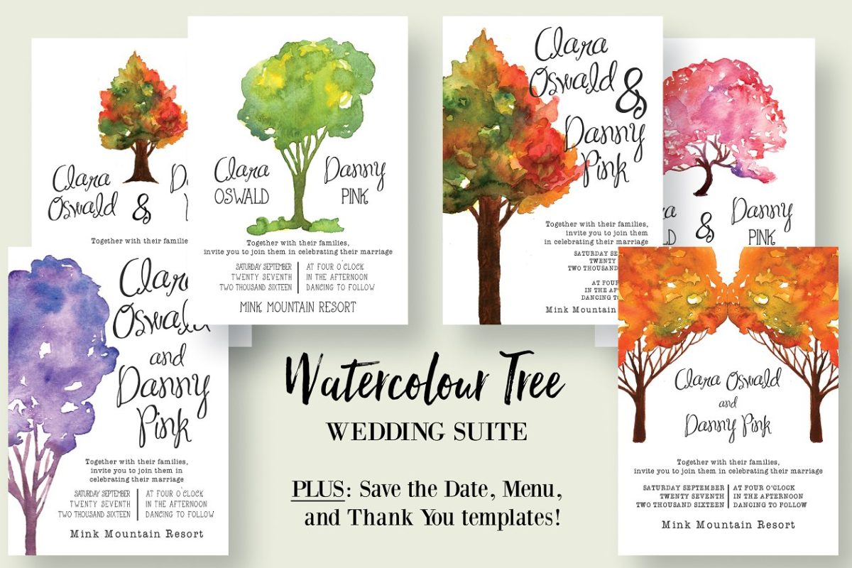 水彩树木平面设计素材 Watercolour Tree Wedding Suite 2.0
