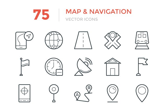75个地图和导航相关功能图标 75 Maps and Navigation Vector Icons
