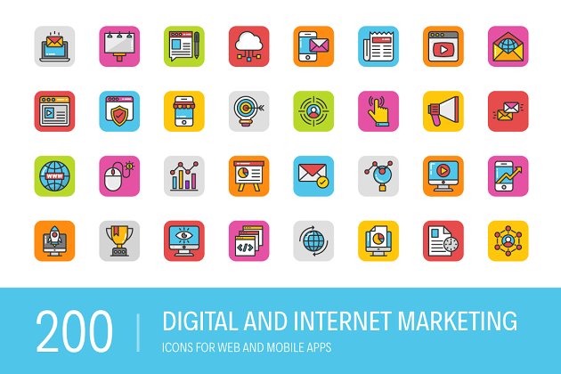 数字网络营销图标素材 200 Digital Internet Marketing Icons