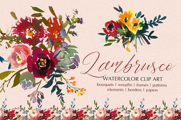 传统水彩花卉素材包 Bordo Watercolor Floral Clip Art Set