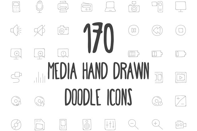 手绘媒体涂鸦图标 170 Media Hand Drawn Doodle Icons
