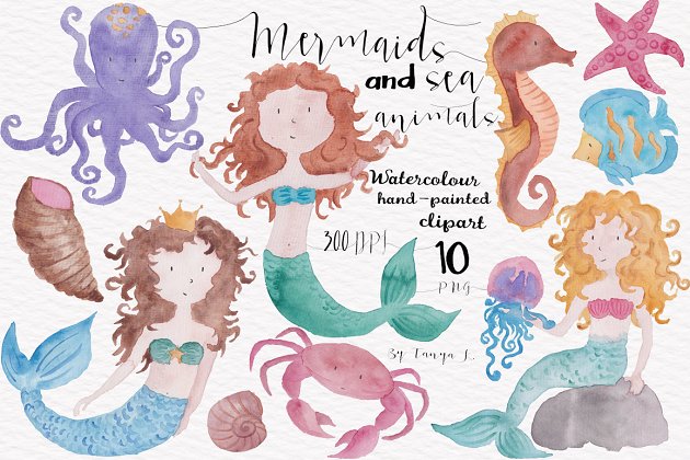 梦幻海洋水彩图形插画素材 Mermaids Watercolor Hand-painted