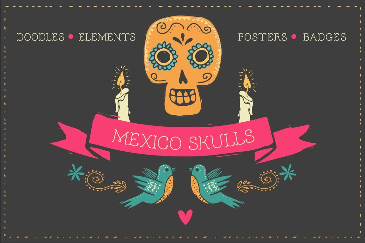 墨西哥亡灵节相关主题插图图形素材 Mexico -skull doodles & elements