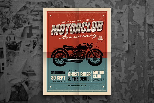 经典摩托车海报设计 Retro Motorclub Event Flyer