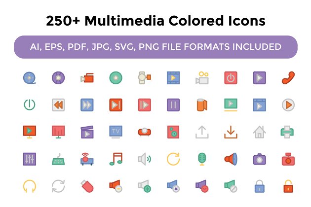 250+多媒体彩色图标素材 250+ Multimedia Colored Icons
