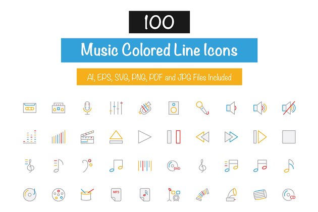 音乐媒体资源图标 100 Music Colored Line Icons