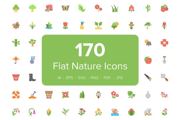 170个扁平化自然图标 170 Flat Nature Icons