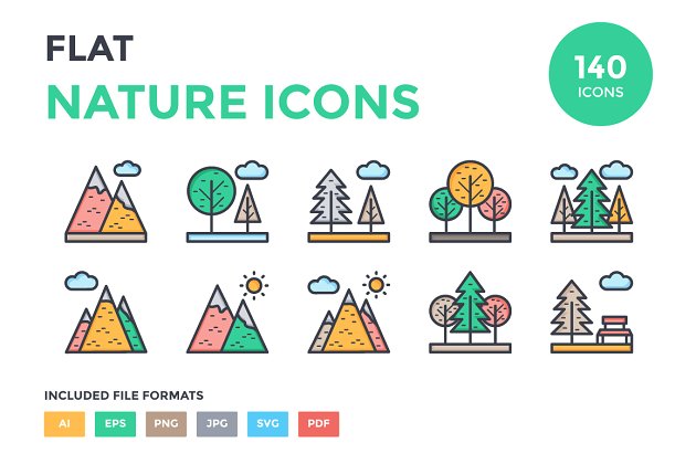 125+个自然图标套装 125+ Flat Nature Icons Set
