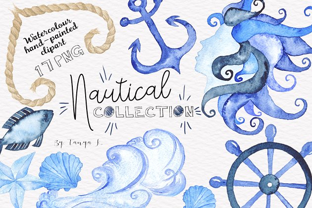航海水彩插画图形 Nautical Watercolor Clipart
