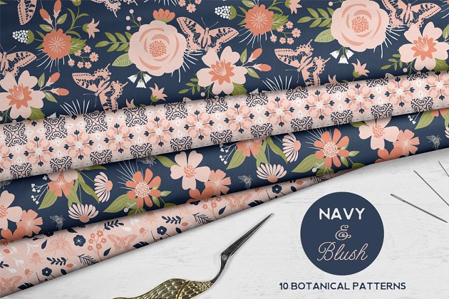 现代海军与腮红花卉图案 Modern Navy & Blush Floral Patterns