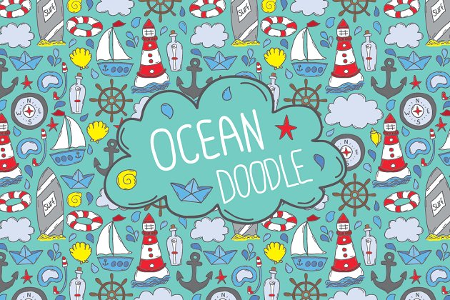 可爱的卡通海洋元素涂鸦素材 Doodle ocean seamless patterns