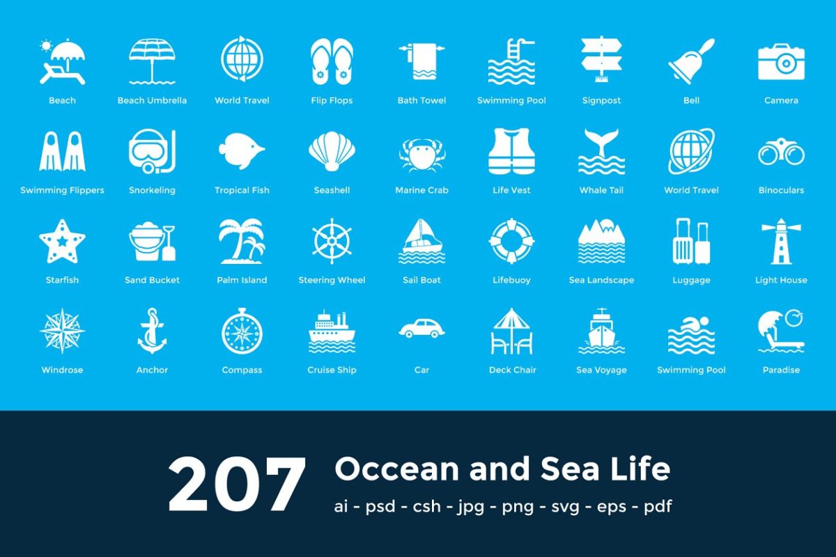 207个海洋和海滩生活图标 207 Occean and Sea Life Icons