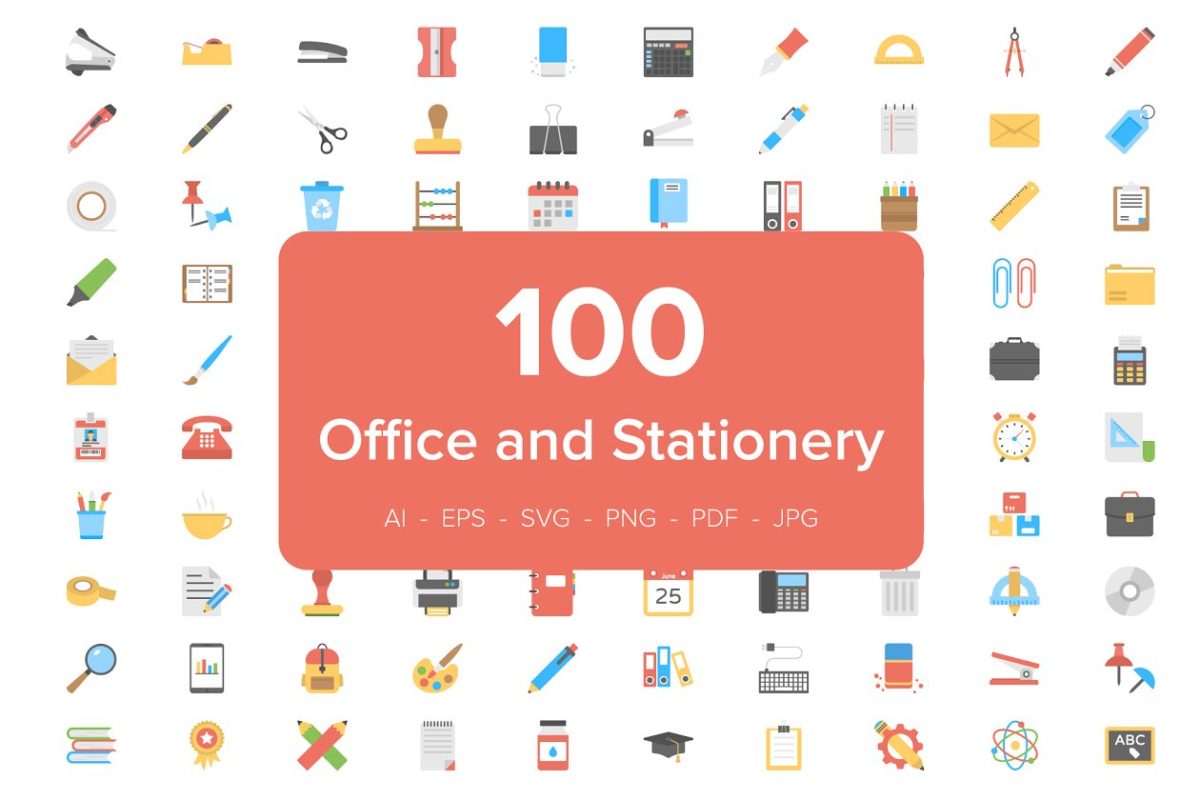 100个扁平化的办公室文件图标套装 100 Office and Stationery Flat Icons