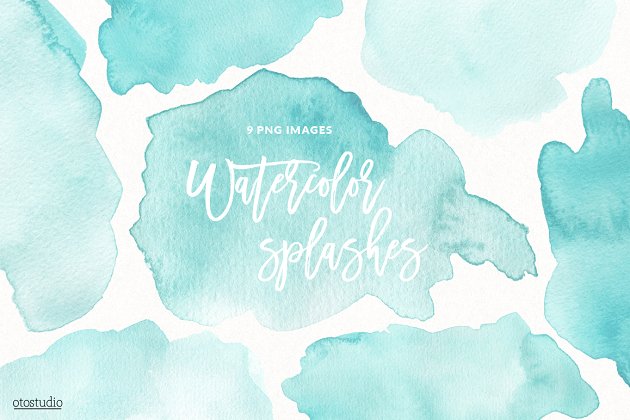 蓝色水彩肌理插画 Mint Watercolor Splashes & Textures