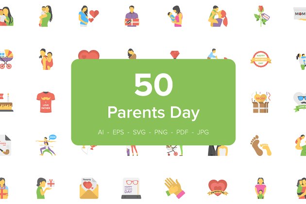 50个关于父母的扁平化风格图标 50 Flat Icons of Parents Day