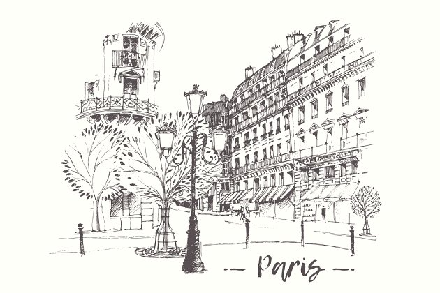 法国巴黎街景素描手绘素材 Streets of Paris, France