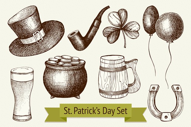 圣帕特里克节素描素材合集 Vector St. Patrick’s Day Icons Set