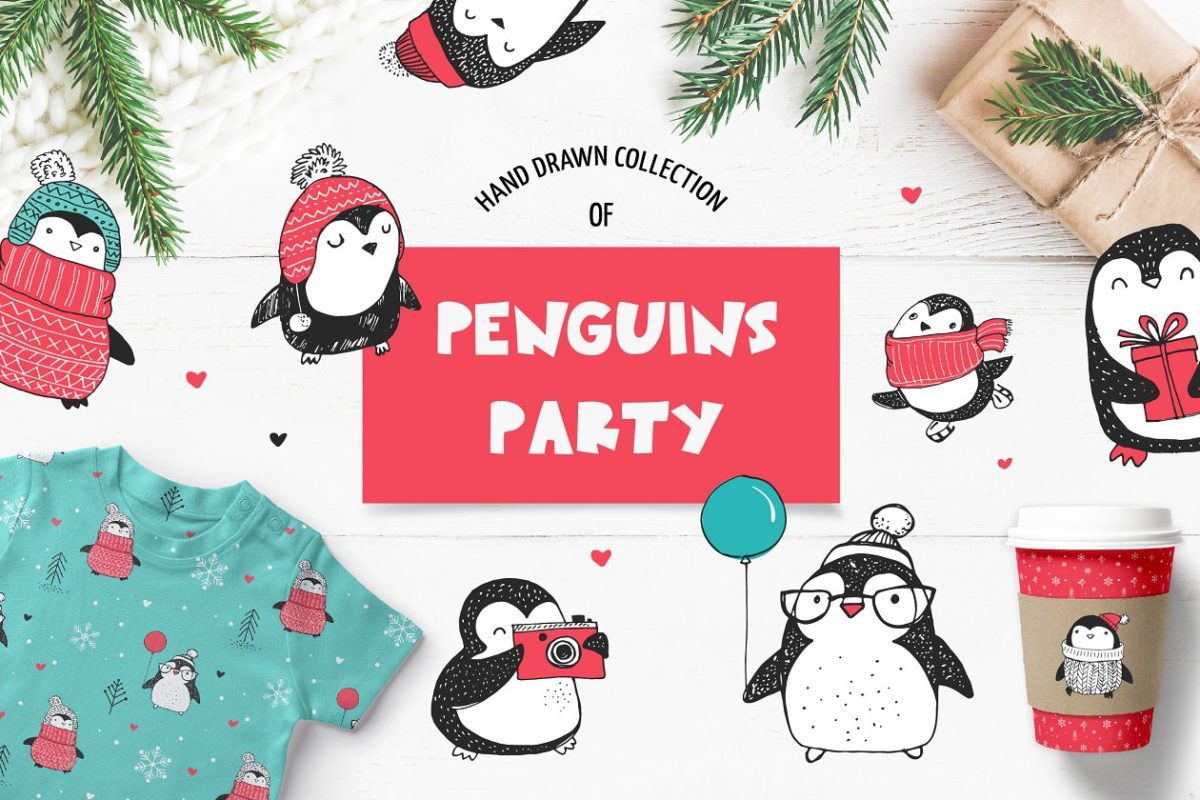卡通圣诞节企鹅插画 Cute penguin icons, Christmas cards