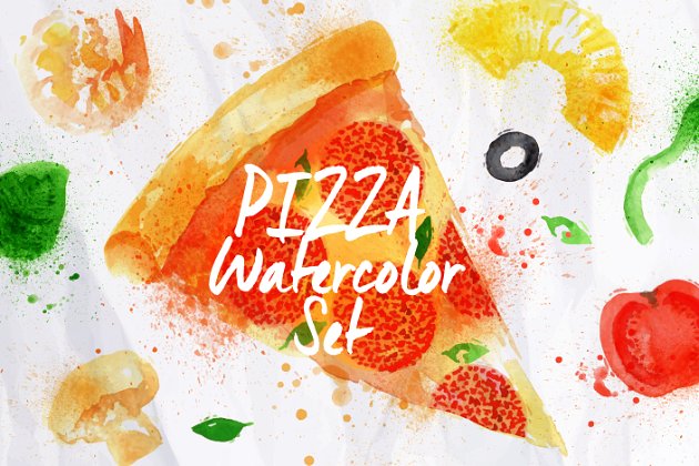 水彩披萨素材 Pizza watercolor set