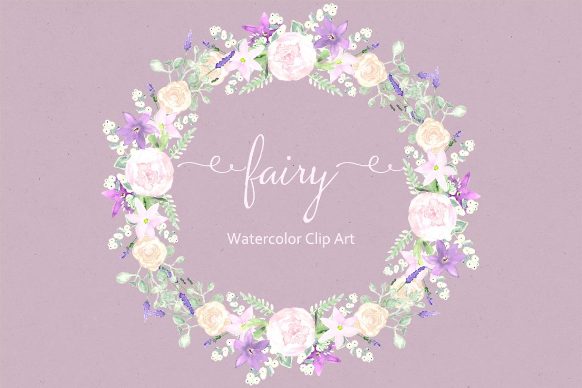 仙女。紫色水彩剪贴画素材 Fairy. Purple Watercolor Clipart.
