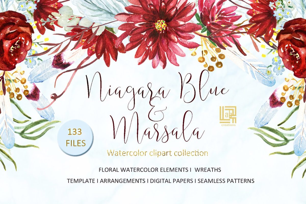 热烈的水彩花卉素材 Marsala and Niagara blue watercolors