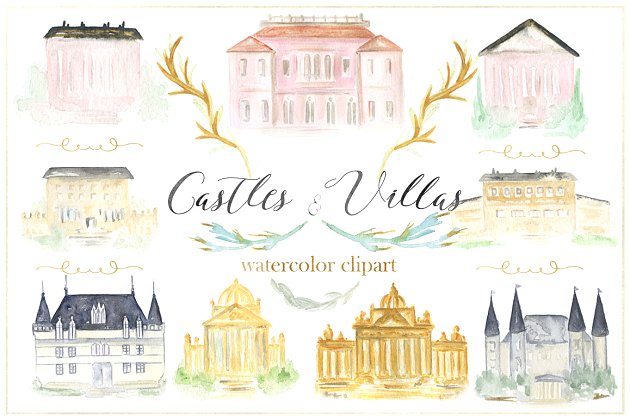 城堡房子水彩花卉 Castles & villas houses watercolor