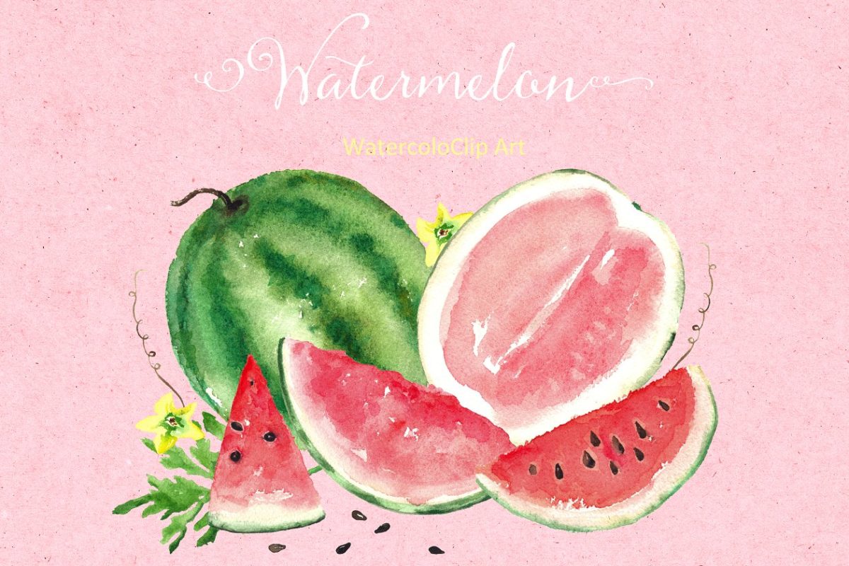 诱人的西瓜水彩画素材合集 Watermelon watercolor clipart