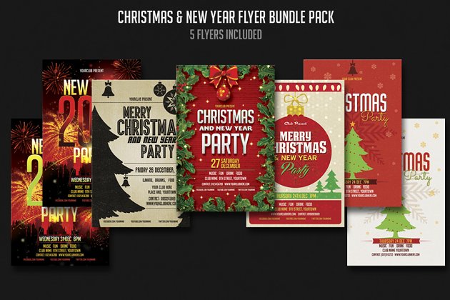 新鲜的圣诞节和新年氛围海报模版 Christmas & New year Flyer Bundle