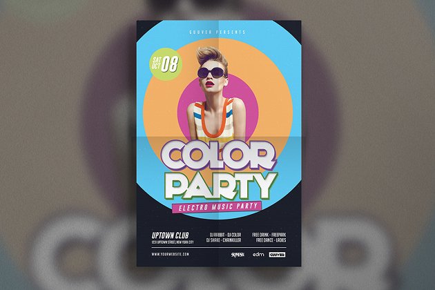 经典电子音乐海报设计模板 Retro Electro Color DJ Party