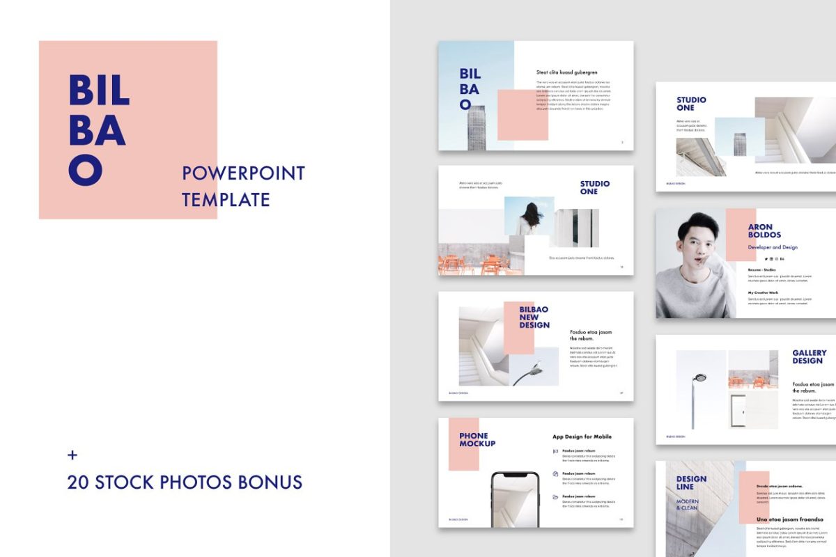 时尚简单的粉色PPT模版 BILBAO – Powerpoint Template + Bonus