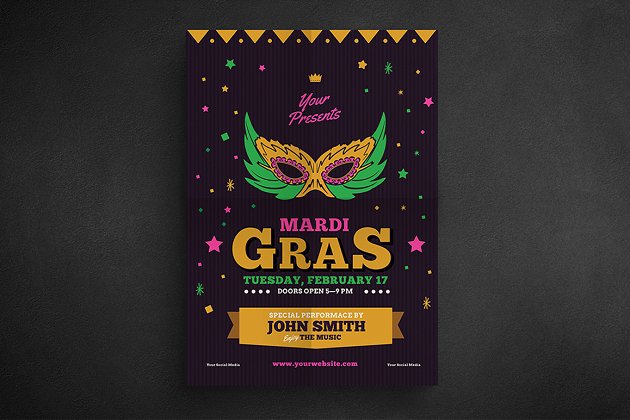 狂欢节面具化妆舞会活动海报传单模板 Mardi Gras Event flyer