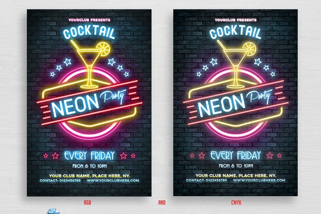霓虹灯鸡尾酒会宣传单 Neon Cocktail Party Flyer