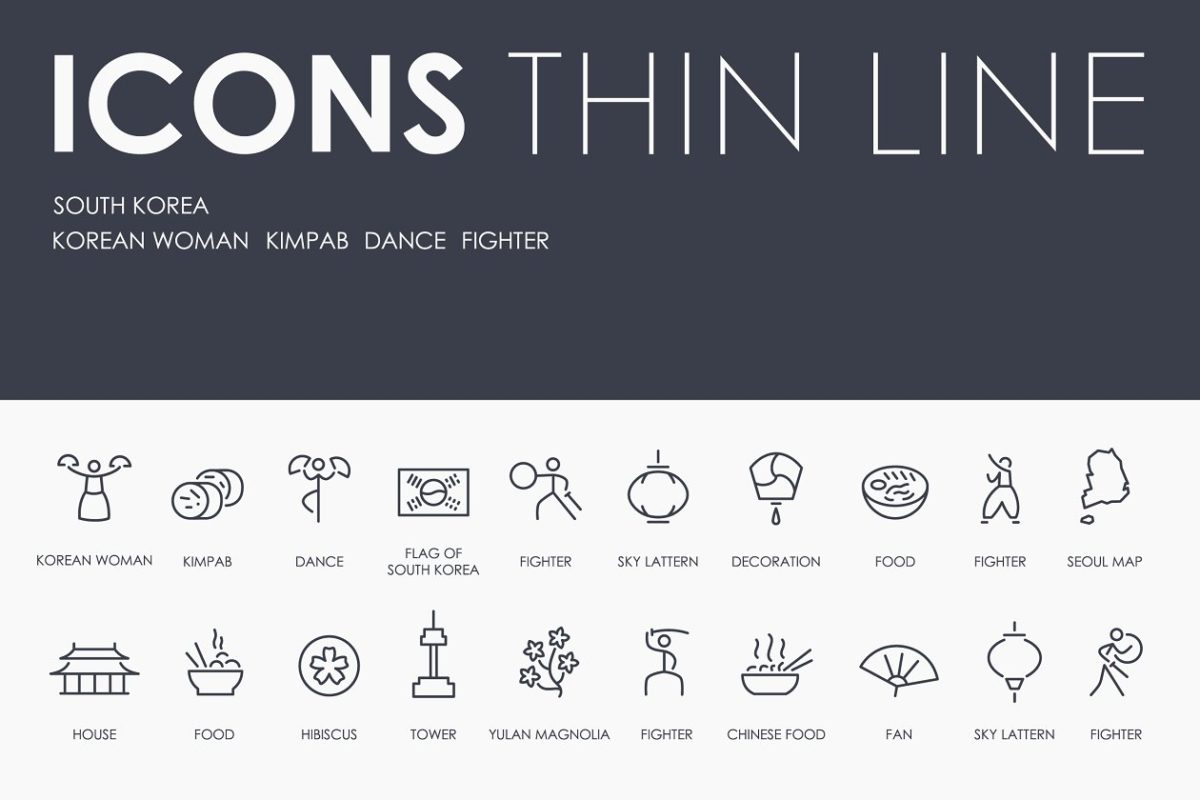 韩国元素主题线型图标套装 South Korea thinline icons