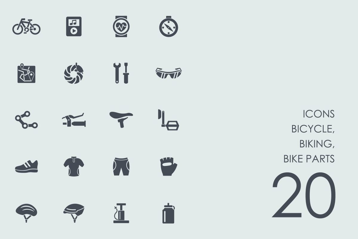 自行车骑行运动主题图标套装 Bicycle, biking, bike parts icons