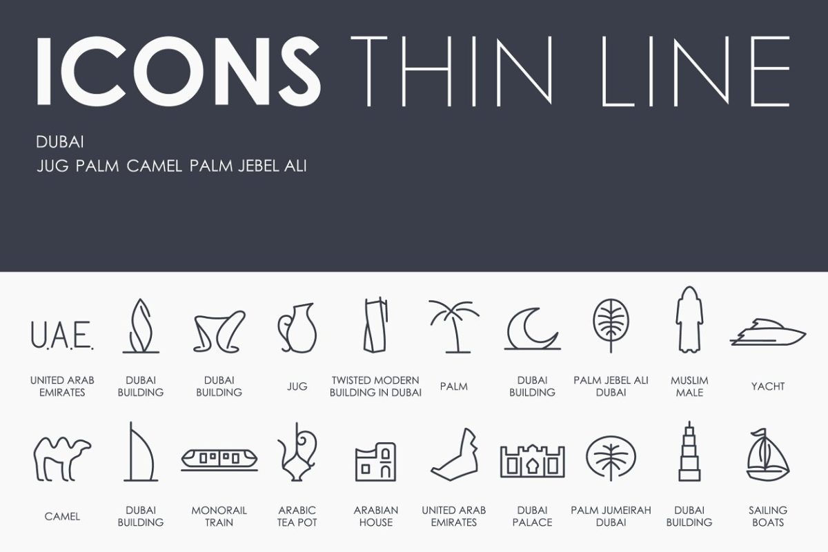 简约的迪拜建筑元素图标套装 Dubai thinline icons