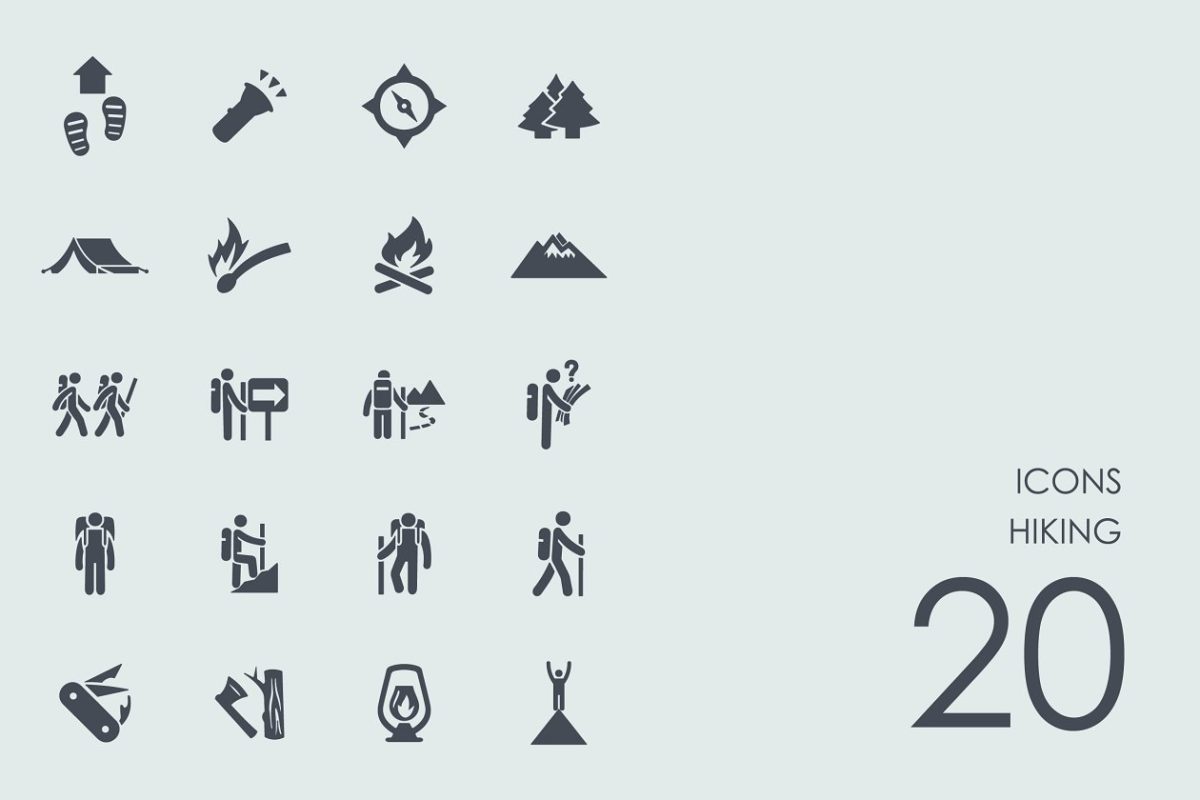 远足徒步运动主题的图标套装 Hiking icons