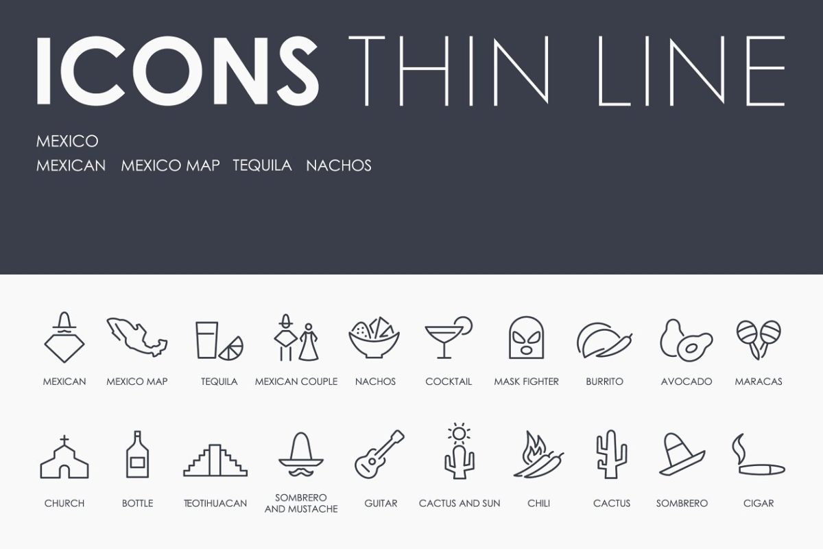 墨西哥元素图标素材 Mexico thinline icons
