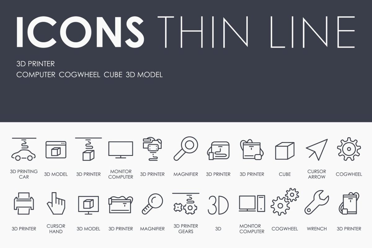 3d打印机细线图标 3d printer thinline icons